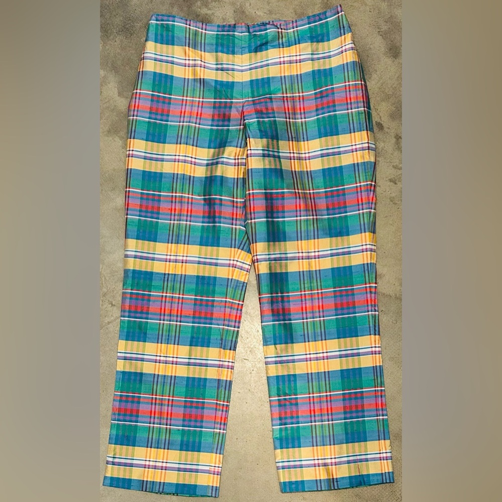 Ralph Lauren Black Label Plaid Green Yellow Blue 100% Silk Capri Sz 8 USA Made